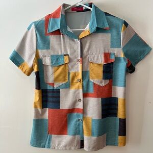 Mundefeis Women's Geometric Retro Color Block Abstract Short Sleeve Blouse Sz M